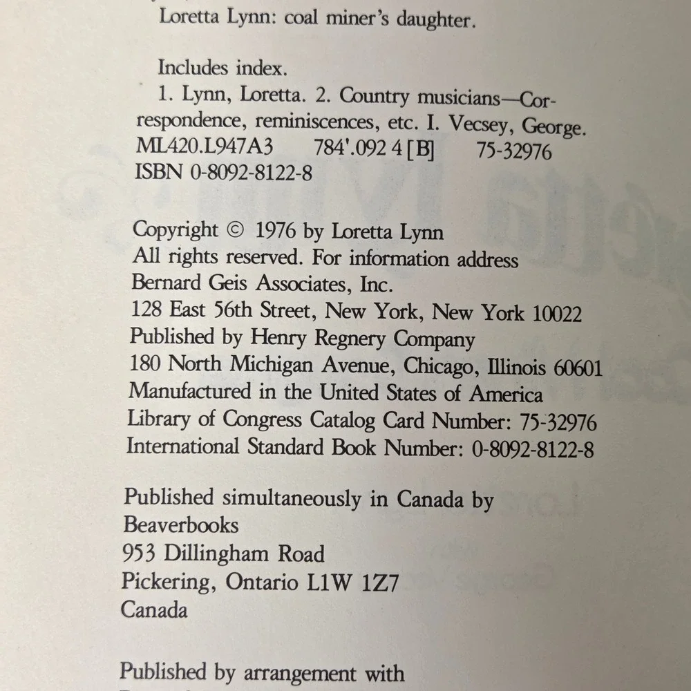 Coal Miners Daughter By Loretta Lynn Hardcover Book 1976 Autobiography